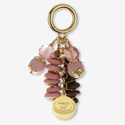 Esi Bag Charm with pink and dark brown Ghanaian recycled glass beads, Czech fire-polished beads, and gold-plated accents