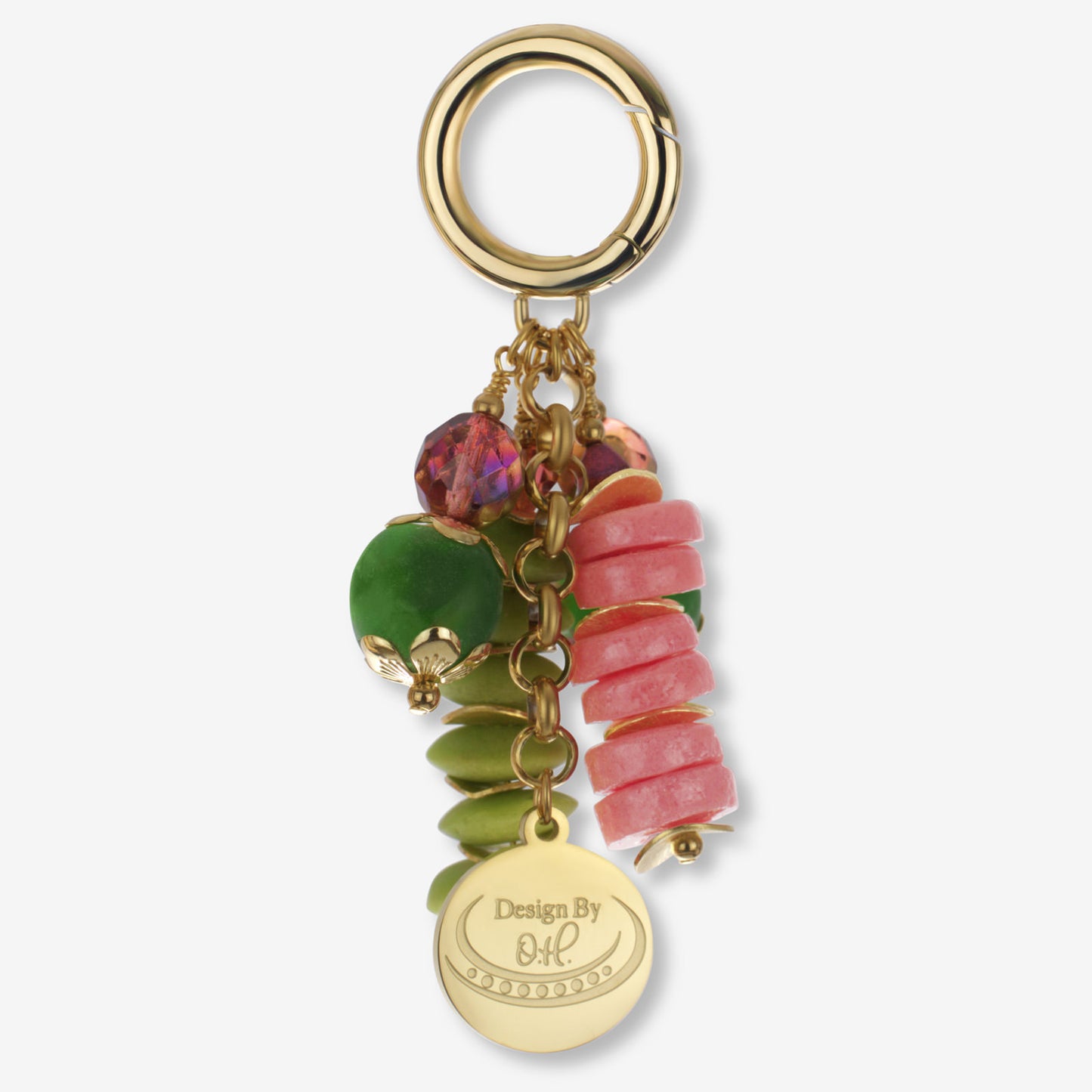 Sonkyi Bag Charm with pink and lime green Ghanaian recycled glass beads, Czech crystals, and gold-plated accents.